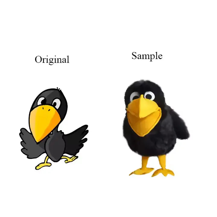  Customplushmaker offers custom plushies, soft stuffed animals, animal figurines, plushie art gifts, wholesale promotional bulk plush, suitable for both genders:Crow's animated character and plush toy prototype